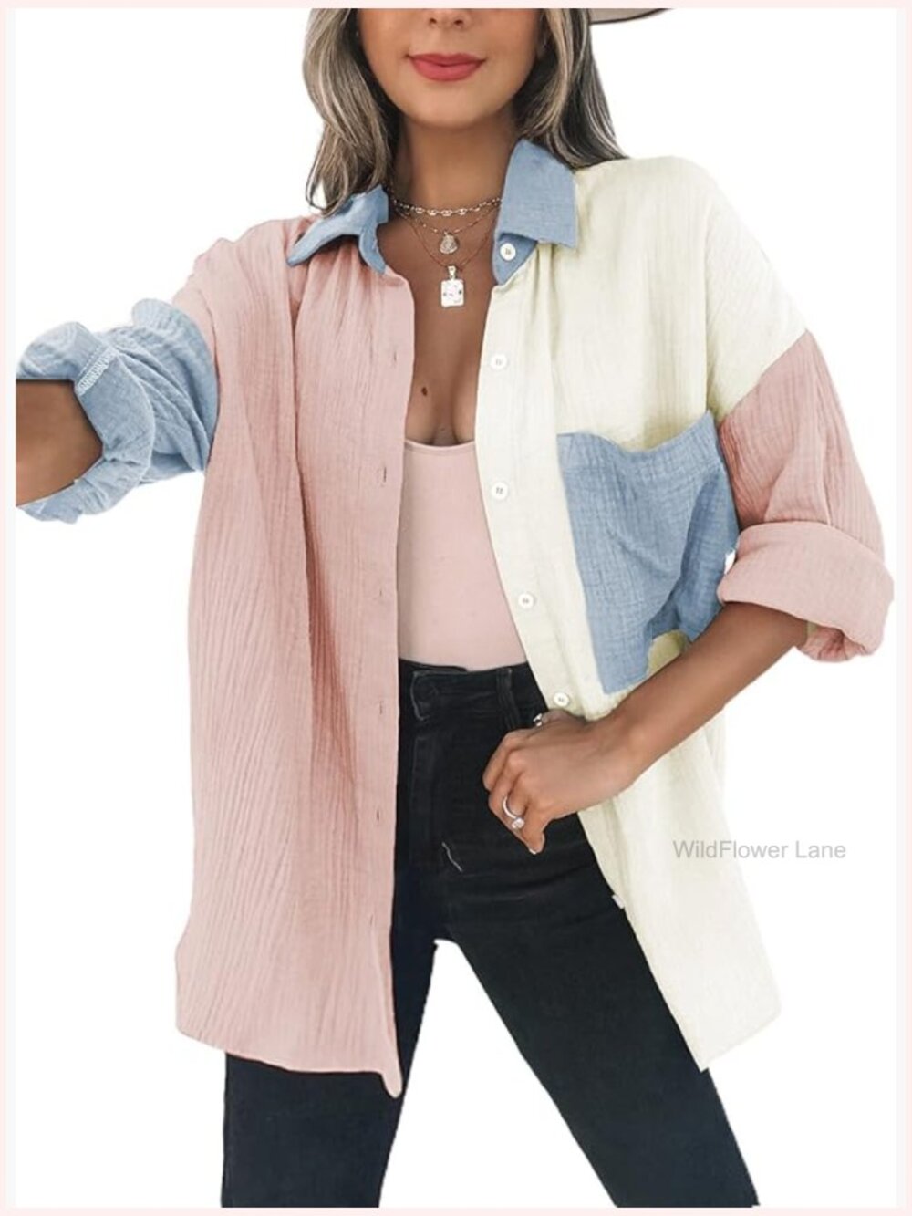 Oversized Color Block Button Down Shirt Long Sleeve Blouse